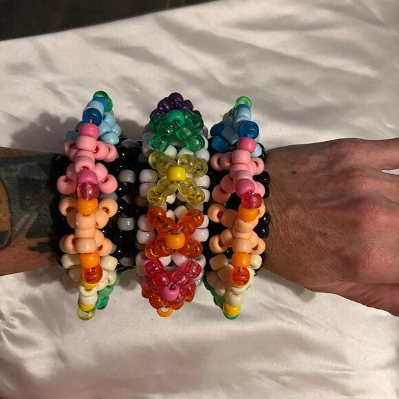 Handmade Rainbow over B&W Kandi Rotator Cuff Bracelet for Festivals & Gifts - Picture 2 of 2